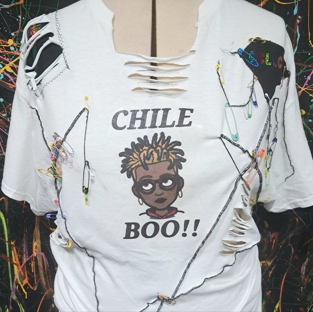 Edgy White Graphic Tee with Safety Pin Accents